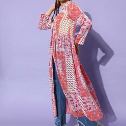 StyleStone Pink & Coral Floral Printed Longline Tie-Up Shrug-picture-36