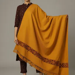 HANDICRAFT PALACE Women Mustard Yellow Solid Hand Woven Design Wool Shawl-picture-5