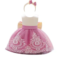 StyleCast Girls Pink & White Bohemian Self Design Bow Detail Balloon Dress With Hairband-image-60