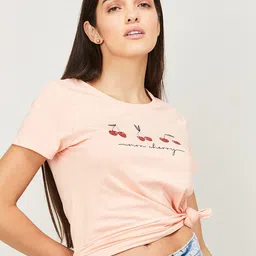 Fame Forever by Lifestyle Women Peach-Coloured Printed Cotton T-shirt-image-49