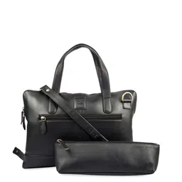 Kara Unisex Black Solid Leather Laptop Bag With Pouch-picture-42