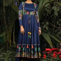 Baise Gaba Women Quirky Printed Indigo Satin Anarkali Kurta-picture-10