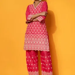 Libas Ethnic Motifs Embroidered Straight Pure Cotton Kurta with Palazzos-image-4