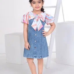 Peppermint Girls Puff Sleeves Denim A-line Dress-image-87
