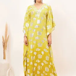 First Resort by Ramola Bachchan Floral Mirror Work Made to Measure Kaftan Maxi Dress-picture-17