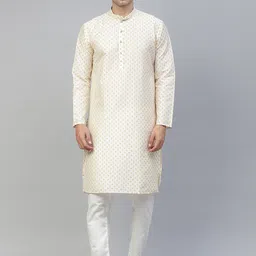 MANQ Men Cream-Coloured Ethnic Motifs Straight Kurta-picture-14