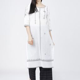 Vishudh Women Off White & Black Geometric Yoke Design Thread Work White Romance Kurta-picture-30