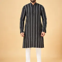 YU by Pantaloons Striped Mandarin Collar Thread Work Straight Kurta image 2