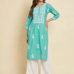VAIRAGEE Floral Chikankari Embroidered Cotton A-Line Kurta-image-32