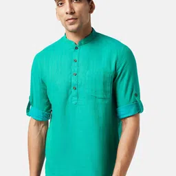 indus route by Pantaloons Mandarin Collar Roll Up Sleeves Pure Cotton Kurta-picture-35