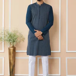 See Designs Striped Mandarin Collar Thread Work Pure Cotton Straight Kurta-picture-11