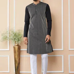 See Designs Striped Mandarin Collar Thread Work Cotton Straight Kurta-picture-38