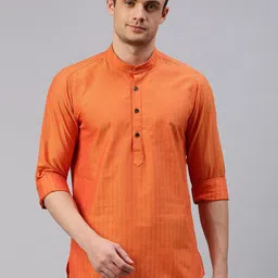Cross Court Striped Woven Design Band Collar Pure Cotton Straight Kurta-image-46