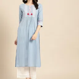 Varanga Women Blue Yoke Design Cotton Straight Kurta-picture-34