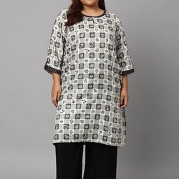 AURELIA Plus Size Women Grey & Black Geometric Printed Keyhole Neck Straight Fit Kurta-image-30