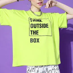 STREET 9 Women Lime Green Typography Printed Extended Sleeves Oversized Pure Cotton T-shirt-picture-17