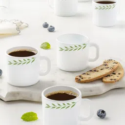 Larah by BOROSIL White & Green Hand Painted Printed Opalware Glossy Mugs Set of Cups and Mugs-picture-31