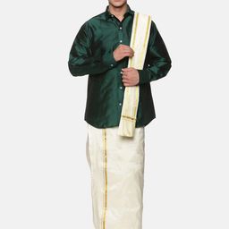 Sethukrishna Men Green & White Shirt & Dhoti with Angavastram Set-picture-13