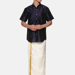 Sethukrishna Men Blue & White Shirt With Dhoti Pants-picture-11