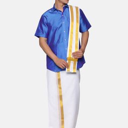 Sethukrishna Men Blue & White Shirt with Dhoti & Angavastram Set-picture-12