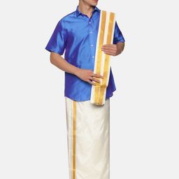 Sethukrishna Men Blue & White Pure Cotton Shirt with Dhoti & Angavastram-picture-15