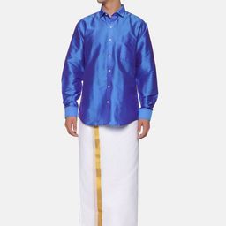 Sethukrishna Men Blue & White Shirt with Dhoti Set-picture-14