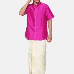Sethukrishna Men Pink & Off White Clothing Set-picture-5