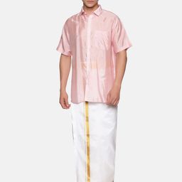 Sethukrishna Men Pink & White Shirt Veshti Set-picture-2