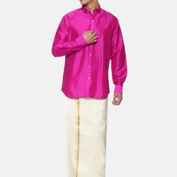 Sethukrishna Men Pink & White Shirt Dhoti with Angavastram Set-picture-24