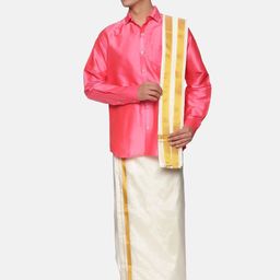 Sethukrishna Men Pink & White Shirt with Dhoti Pants-picture-12