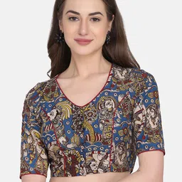 THE WEAVE TRAVELLER Women Blue & Maroon Kalamkari Printed Cotton Saree Blouse-image-7