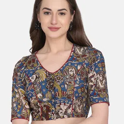 THE WEAVE TRAVELLER Women Blue & Maroon Block Printed Kalamkari Non Padded Saree Blouse-picture-25