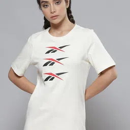 Reebok Classic Women Off White & Black Brand Logo Printed Pure Cotton T-shirt-picture-11