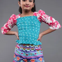 Aks Kids Girls Geometric Printed Square Neck Puff Sleeves Smocking Cotton Top-image-17