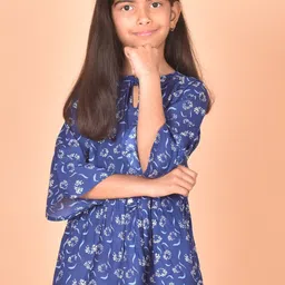misbis Printed Tie-Up Neck Bell Sleeve Flared hem Cotton Peplum Top-picture-21