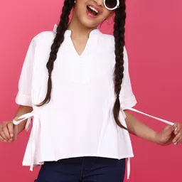 V-Mart Girls Waist Tie-Up Detail Mandarin Collar Extended Sleeves Regular Top-picture-33