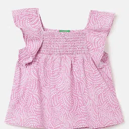 United Colors of Benetton Girls Floral Printed Square Neck Ruffled Smocked Pure Cotton Top-picture-36