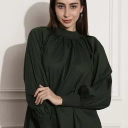 NoBarr High Neck Cuffed Sleeves Cotton Top-image-60