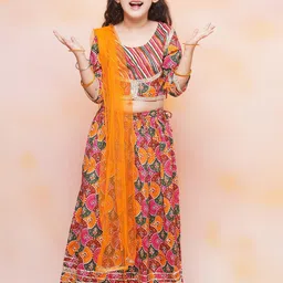 Aj DEZInES Girls Bandhani Printed Gotta Patti Ready to Wear Lehenga & Blouse With Dupatta-picture-19