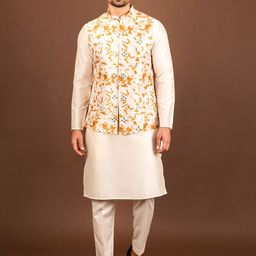 KISAH White Mandarin Collar Straight Kurta & Trousers With Nehru jacket-picture-33