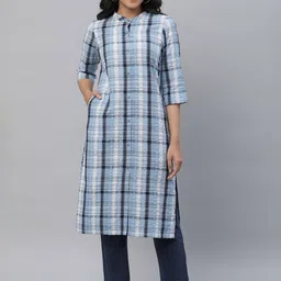 AURELIA Checked Band Collar Pure Cotton Straight Kurta With Trouser image 1