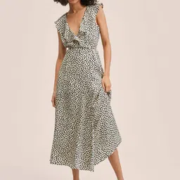 MANGO Women White & Black Polka Dots Print Ruffles Waist Tie-Up Midi Wrap Dress-picture-24