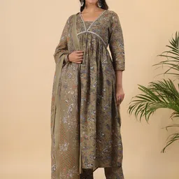 KALINI Floral Printed Regular Pure Cotton A-line Kurta With Trousers & Dupatta-picture-29
