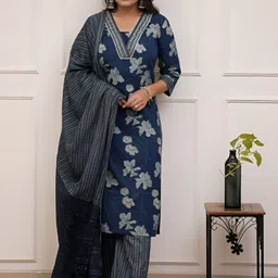 KALINI Floral Printed Regular Pure Cotton Kurta with Trousers & With Dupatta image 1