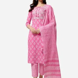 MIRCHI FASHION Women Pink Ethnic Motifs Printed Kurti with Trousers & With Dupatta-picture-17