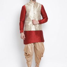 VASTRAMAY Woven Design Mandarin Collar Regular Kurta With Dhoti Pant & Nehru Jacket-picture-40