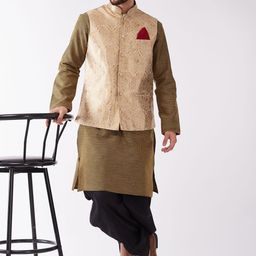 VASTRAMAY Woven Design Mandarin Collar Regular Kurta With Dhoti Pant & Nehru Jacket-picture-37