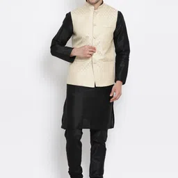 VASTRAMAY Mandarin Collar Regular Kurta With Churidar & Nehru Jacket-image-13