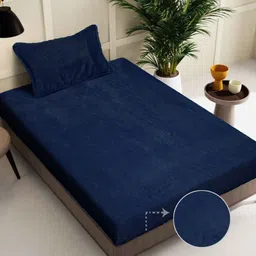 FABINALIV Navy Blue Solid 300 TC Woollen Single Bedsheet with Pillow Cover-picture-33