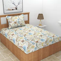 BREVARD Off White & Yellow Floral Print 210 TC Single Bedsheet With 1 Pillow Cover-picture-41